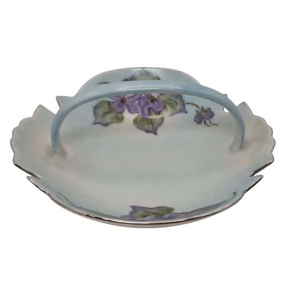 Vintage Floral Candy Dish Relish Handle‎ Hand Painted Blue Purple Silver Trim - Picture 3 of 9